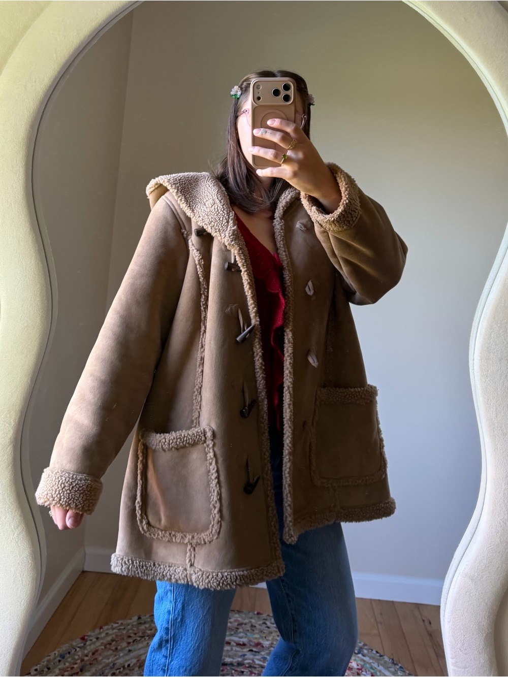 Vintage L.L. Bean Brown Shearling-Trim Hooded Coat Sherpa Lined